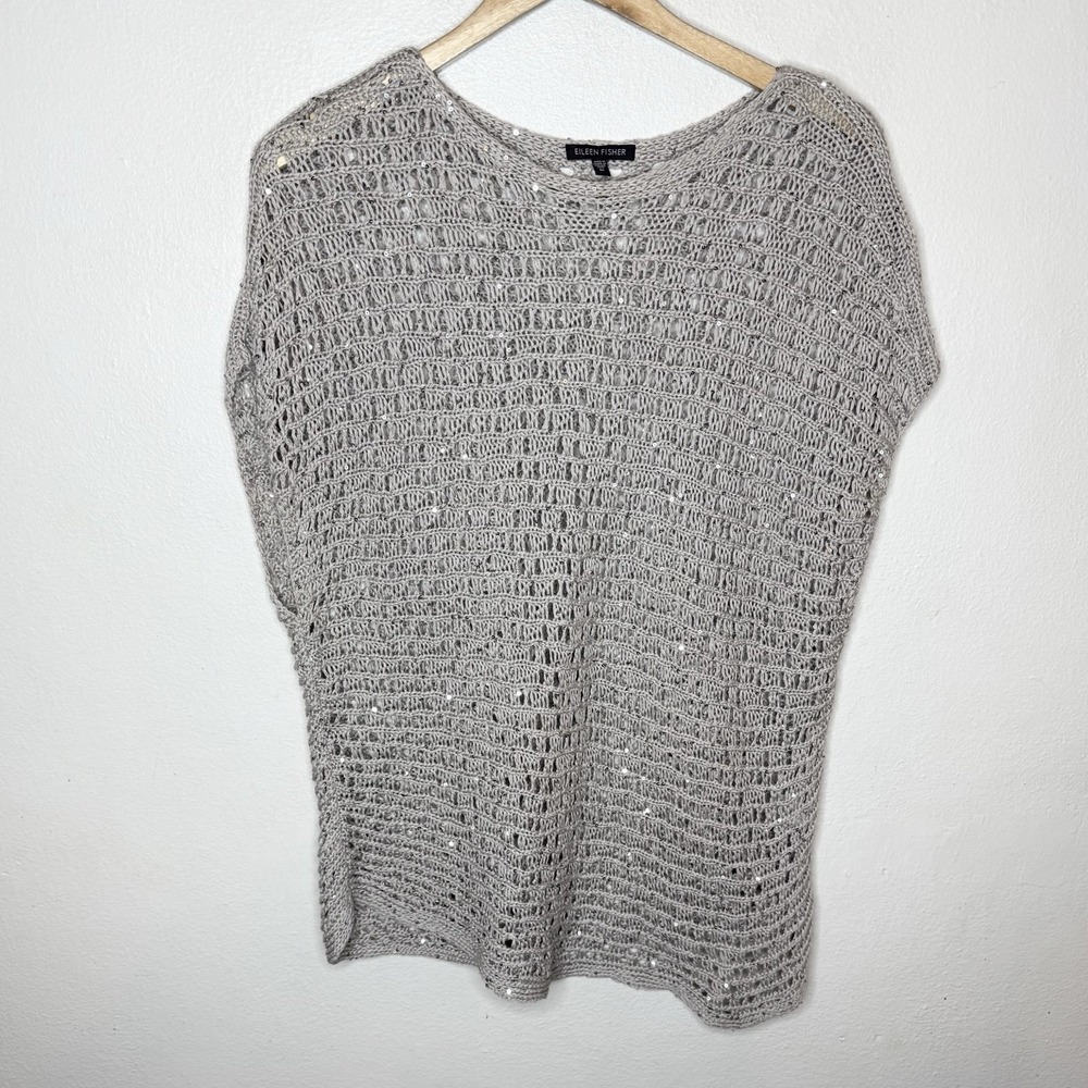 Eileen Fisher Open Knit Sequin Cap Sleeve Tunic Top Holiday Womens Medium Gray